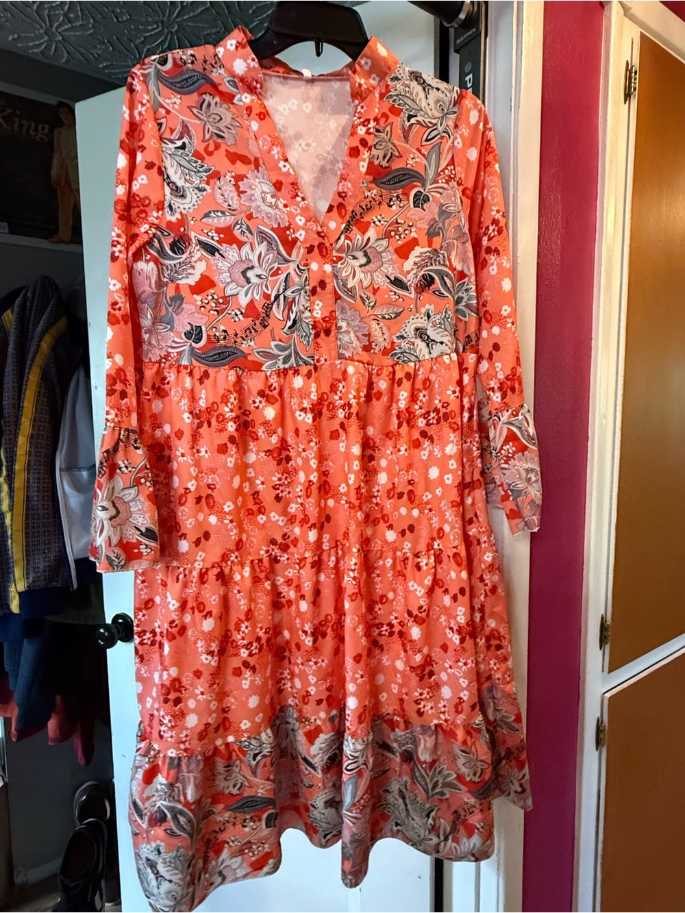 Coral Floral Tiered V-Neck Dress. Never worn